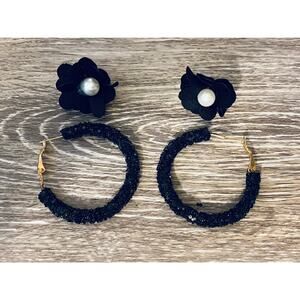 Black Glitter Hoops & Flower Stud Earrings Set of 2